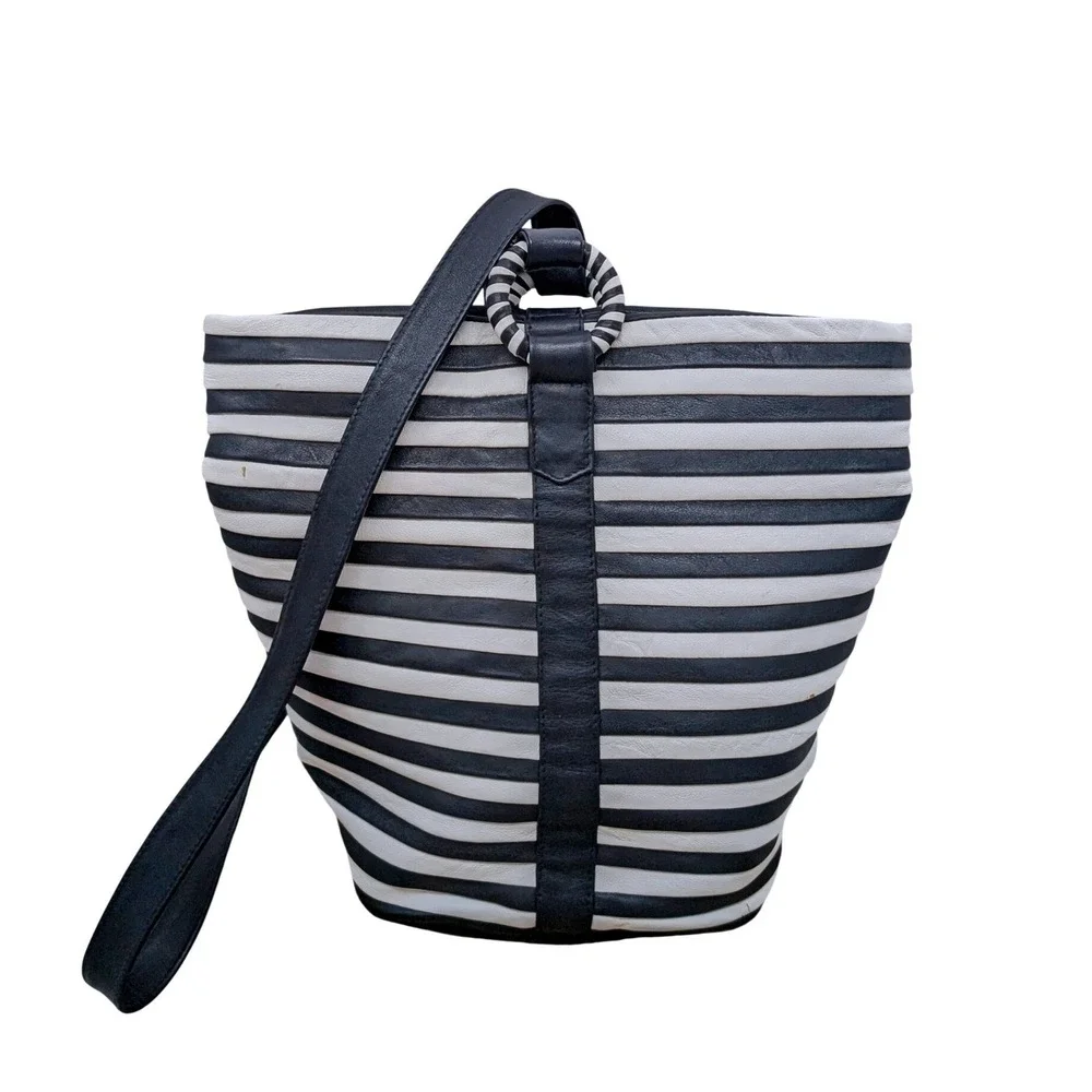 I. Magnin Vintage Black White Striped Leather Shoulder Bag Made in Italy